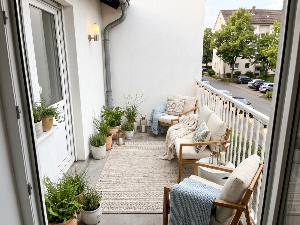 Derselbe Balkon mit Lounge-Möbeln, Pflanzen und Outdoor-Teppich